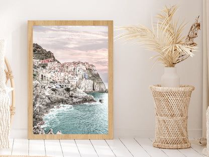 Cinque Terre Faded City & Sea Photograph Glass Framed Wall Art, Ready to Hang Quality Print Without White Border Oak