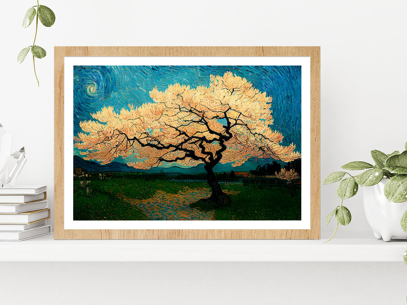 Japanese Cherry Tree In Green Meadow Glass Framed Wall Art, Ready to Hang Quality Print With White Border Oak