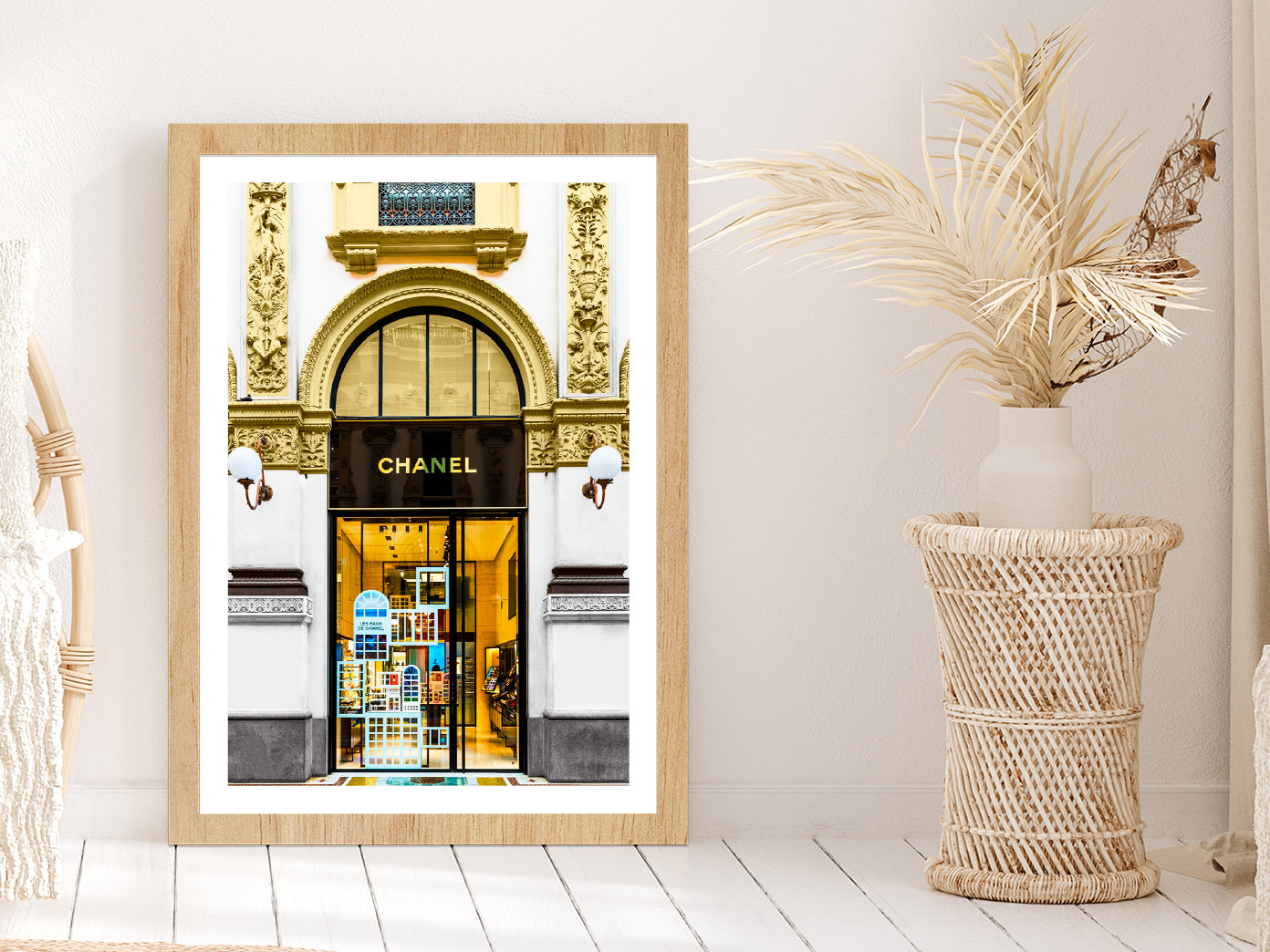 Gold Fashion Store Front View Photograph Glass Framed Wall Art, Ready to Hang Quality Print With White Border Oak