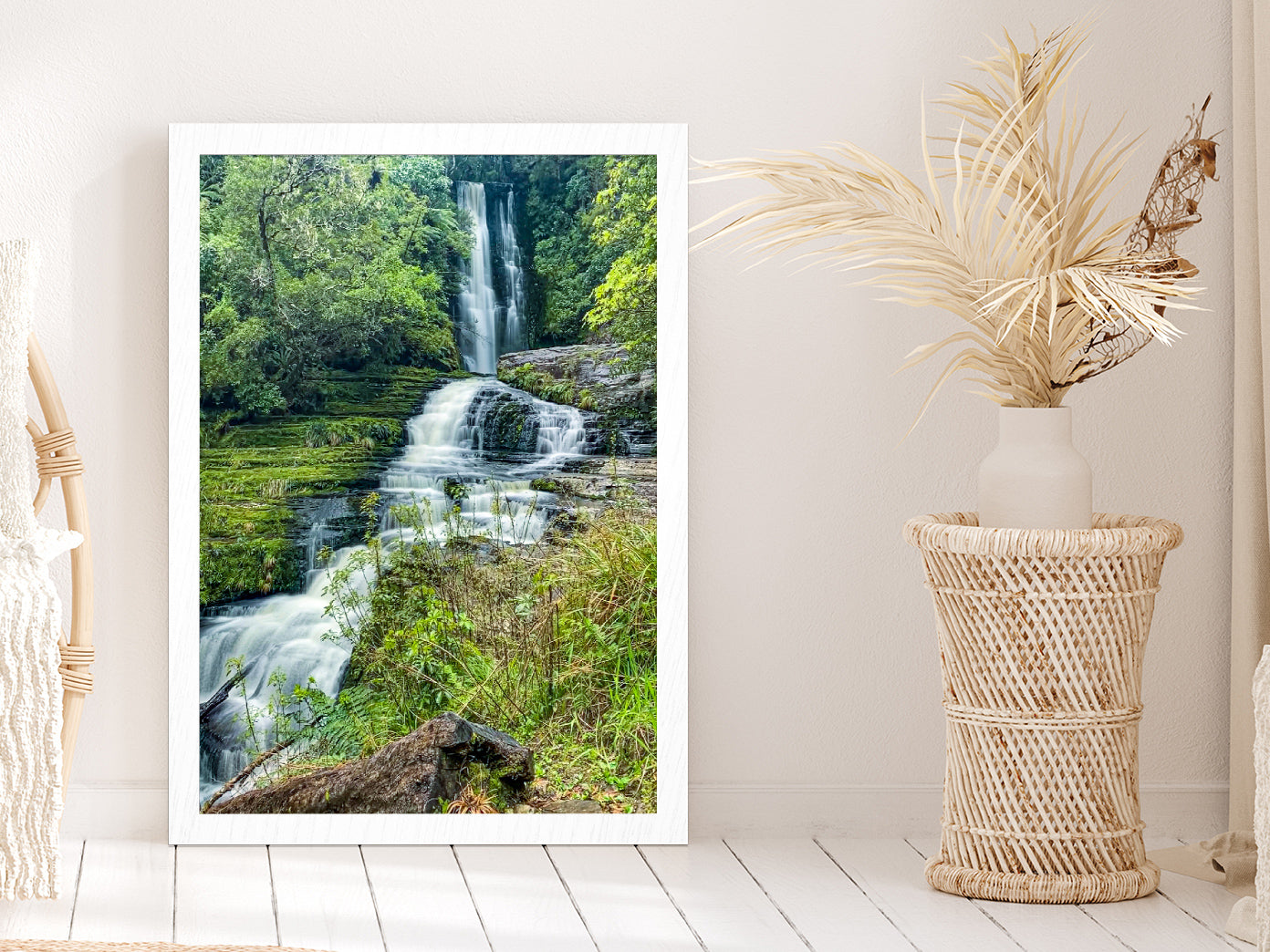 Mcleans Falls In The Forest Glass Framed Wall Art, Ready to Hang Quality Print Without White Border White