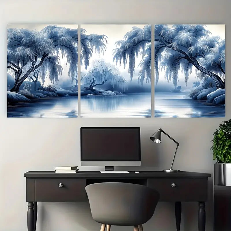 3pcs Blue Misty Lake with Willow Trees Metal Print Ready to Hang Art