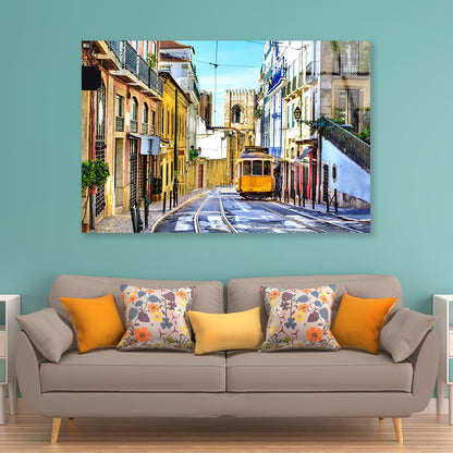 Romantic Lisbon Street with The Typical Yellow Tram and Lisbon Cathedral  Acrylic Glass Print Tempered Glass Wall Art 100% Made in Australia Ready to Hang