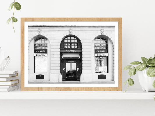Fashion Store Front B&W Photograph Glass Framed Wall Art, Ready to Hang Quality Print With White Border Oak