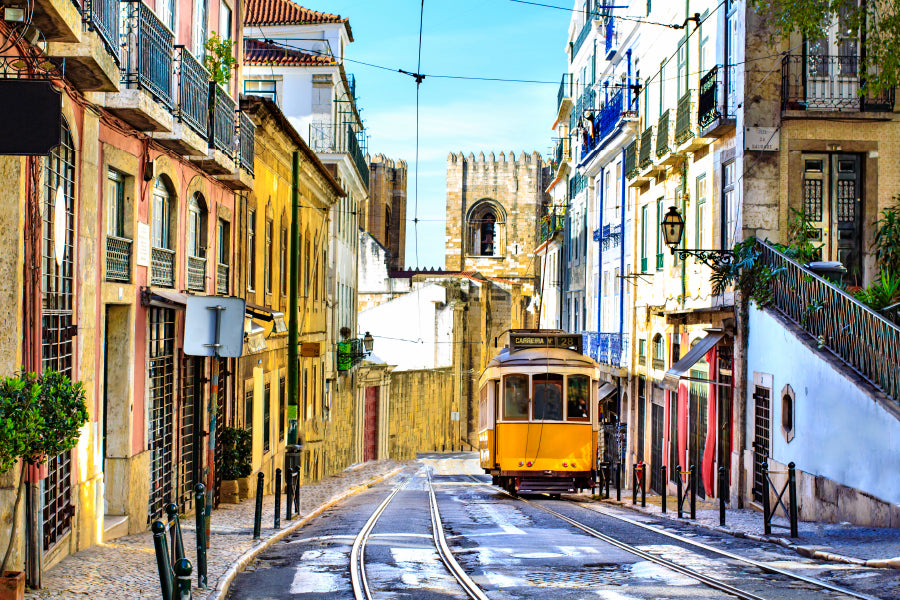 Romantic Lisbon Street with The Typical Yellow Tram and Lisbon Cathedral  Wall Art Decor 100% Australian Made