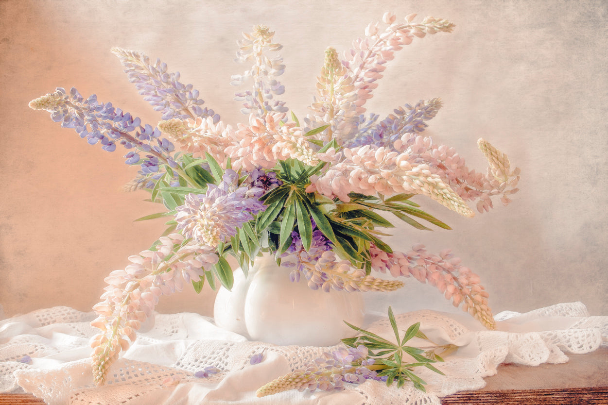 Soft Pastel Lavender Lupine Rustic Floral Bouquet Wall Art Decor 100% Australian Made