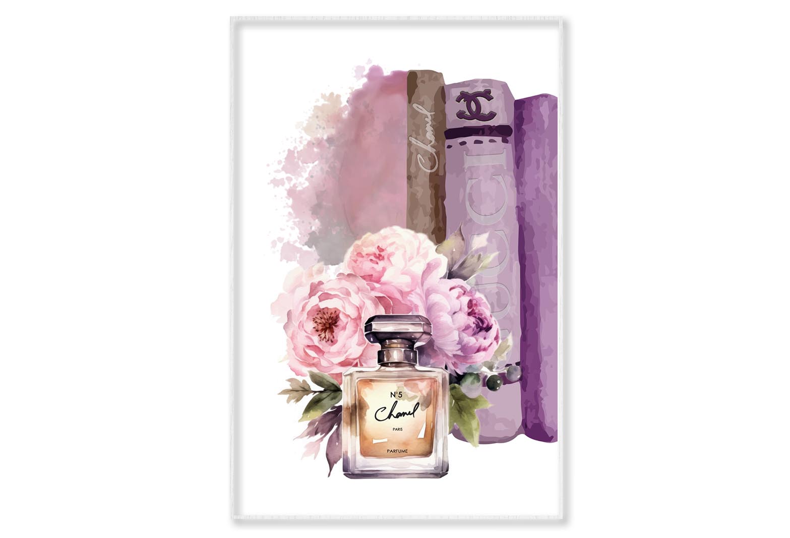 Brown Pink Shaded Perfume and Book set Wall Art Limited Edition High Quality Print Canvas Box Framed White