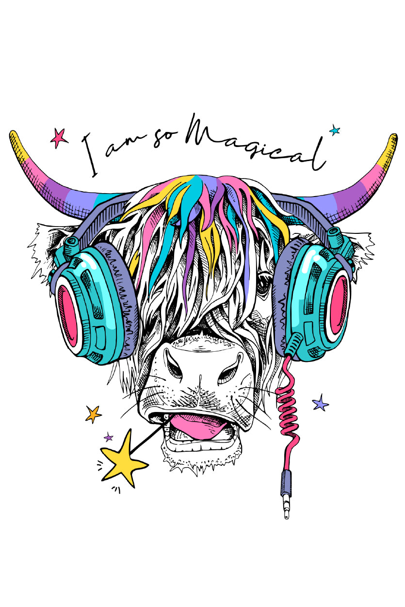 Magical Cow Pink Headphones Graphic 40x60cm Metal Print Ready to Hang