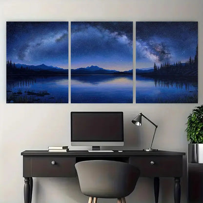 3pcs Starry Night Sky Over Tranquil Lake Metal Print Ready to Hang Art