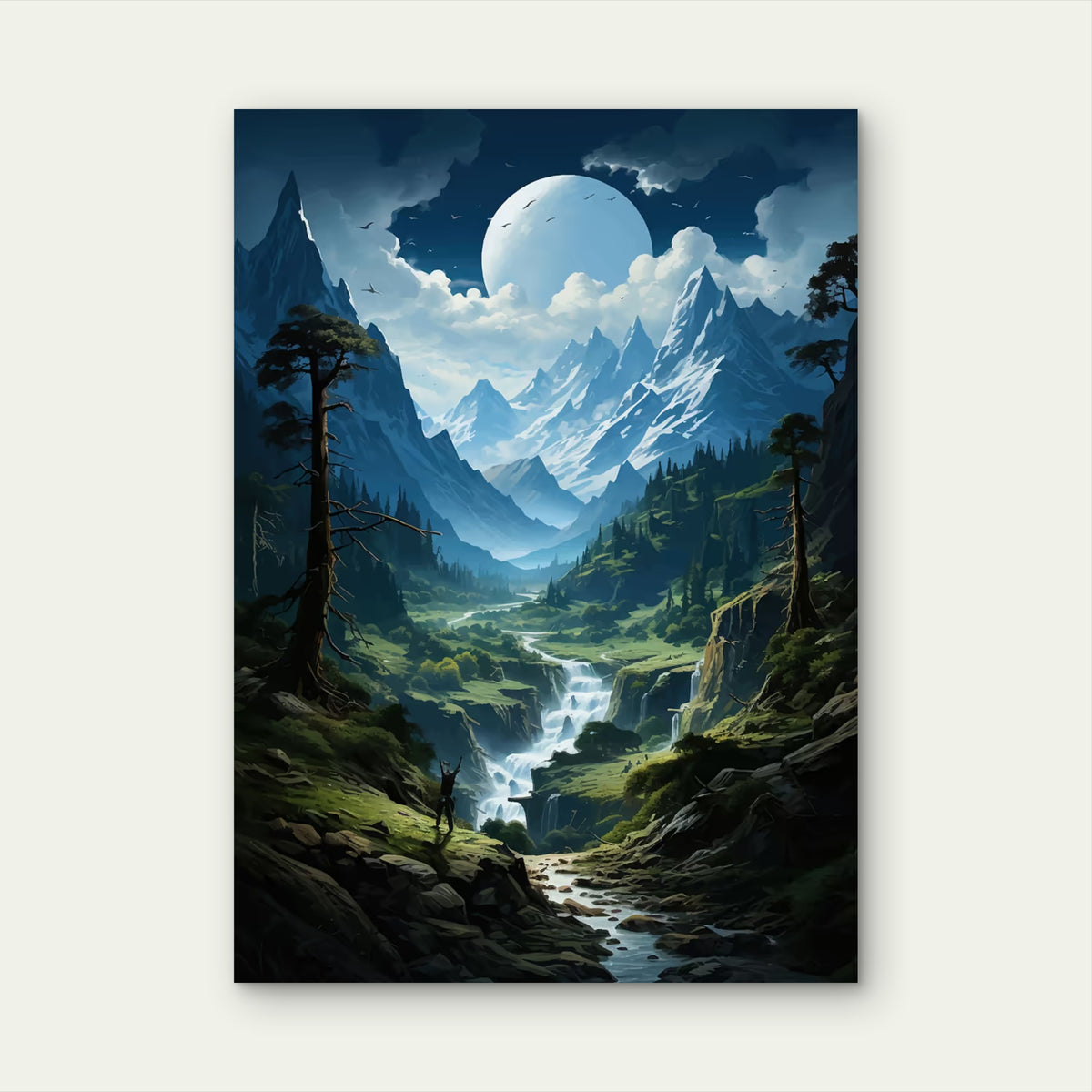 Moonlight Valley River Stream 40x60cm Metal Print Ready to Hang