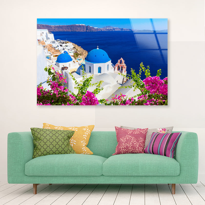 Pink Flowers in Santorini Greece Acrylic Glass Print Tempered Glass Wall Art 100% Made in Australia Ready to Hang