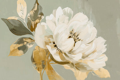 Soft Sage Green White Peony with Textured Petals Painting Wall Art Decor 100% Australian Made