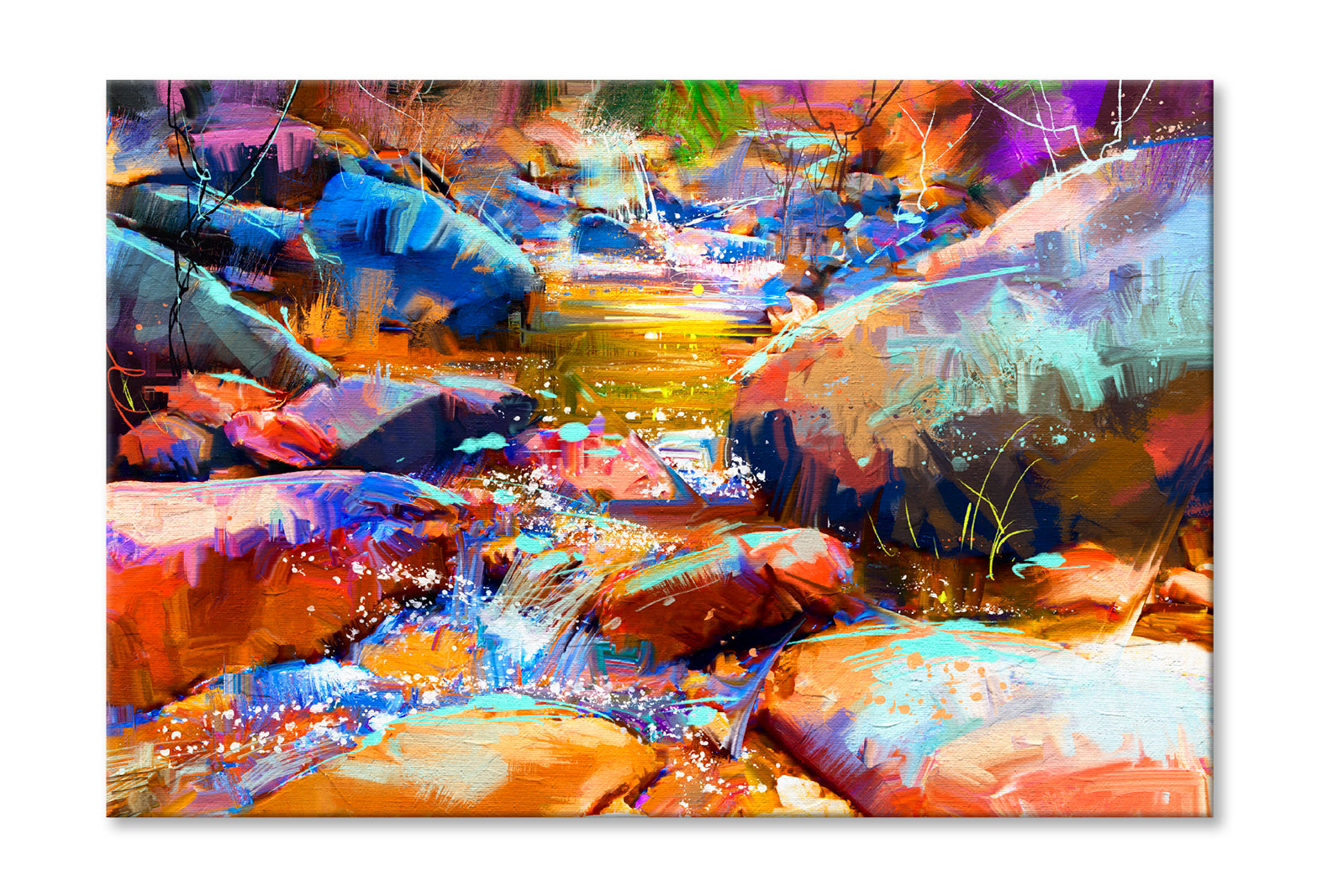 Beautiful Waterfall With Colorful Stones In Autumn Forest Oil Painting Wall Art Limited Edition High Quality Print Stretched Canvas None