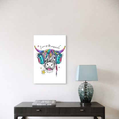 Magical Cow Pink Headphones Graphic 40x60cm Metal Print Ready to Hang