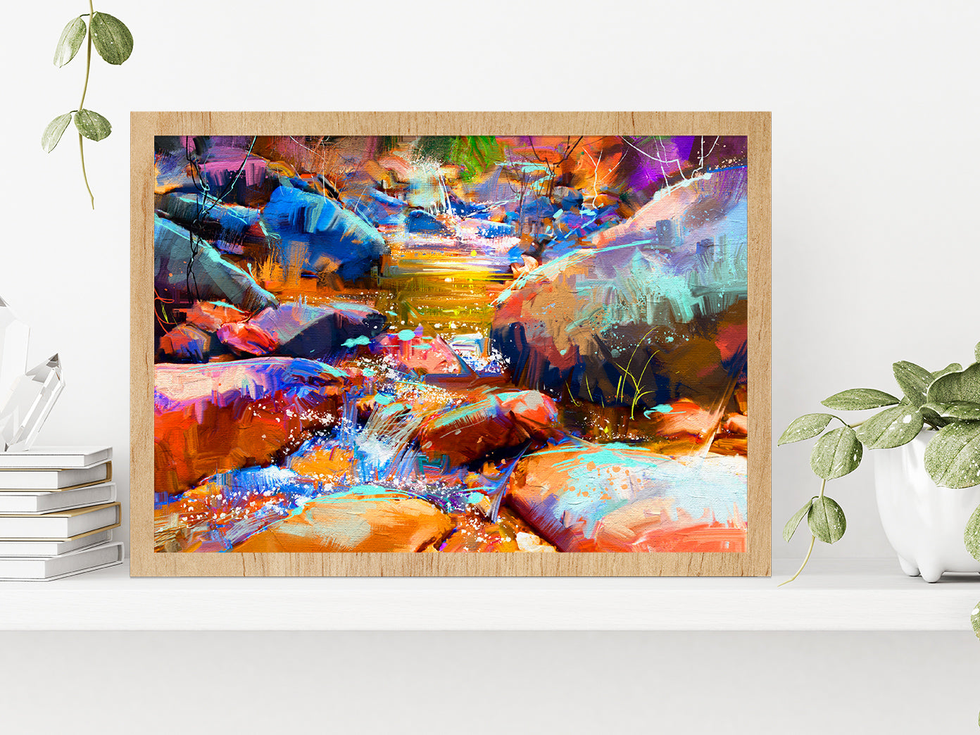 Beautiful Waterfall With Colorful Stones In Autumn Forest Glass Framed Wall Art, Ready to Hang Quality Print Without White Border Oak