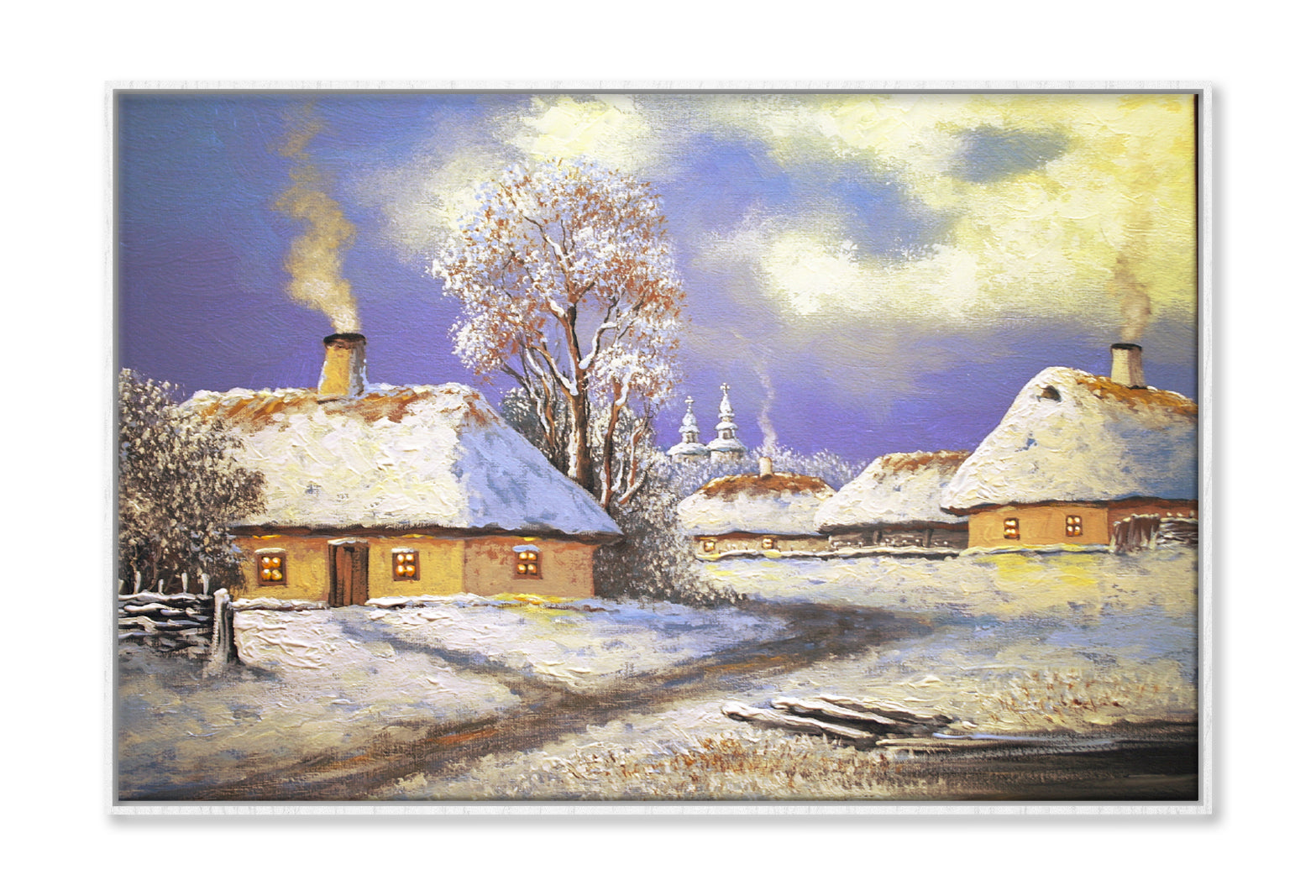 Church in Winter & Houses Landscape Oil Painting Wall Art Limited Edition High Quality Print Canvas Box Framed White