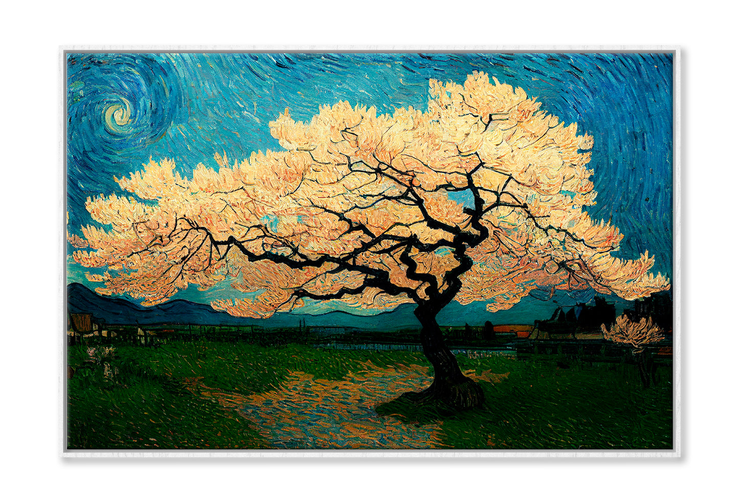 Japanese Cherry Tree In Green Meadow Oil Painting Limited Edition High Quality Print Canvas Box Framed White