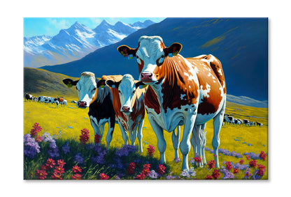 Pleasant Cows & Snow Mountain with Flowers Painting Wall Art Limited Edition High Quality Print Stretched Canvas None