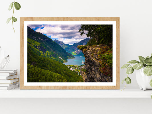 Flydalsjuvet Viewpoint In Norway Glass Framed Wall Art, Ready to Hang Quality Print With White Border Oak
