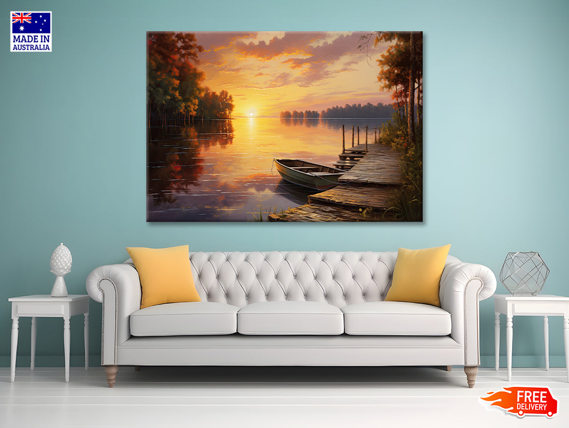 A Sunset over a Lake with Trees and Clouds Print 100% Australian Made