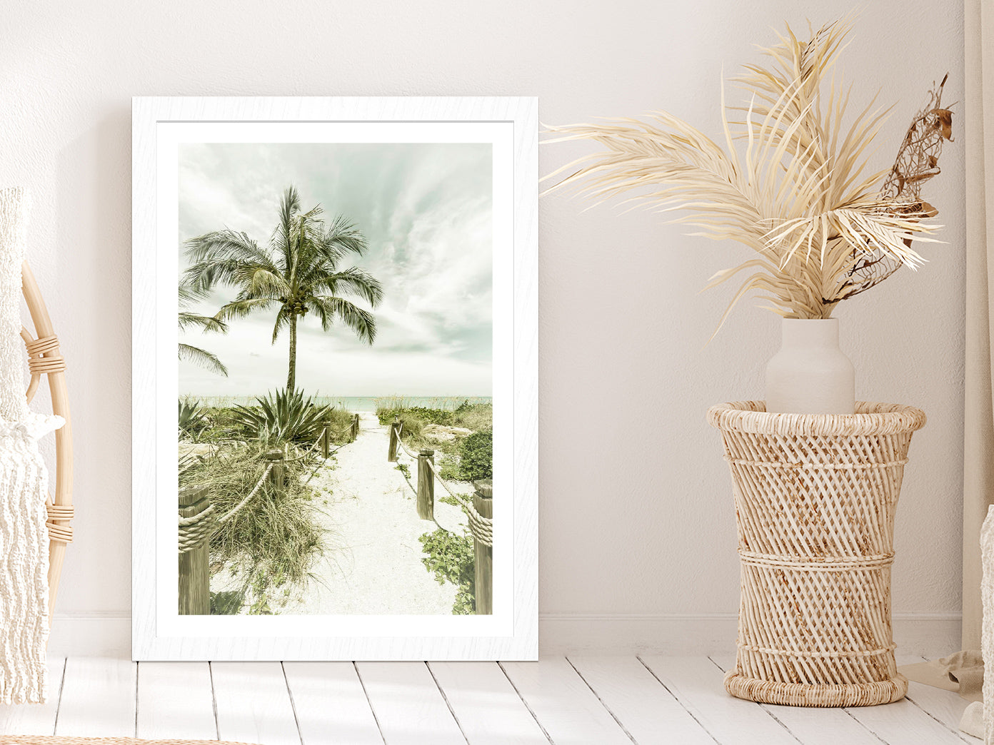 Palm Tree & Sea Path View Photograph Glass Framed Wall Art, Ready to Hang Quality Print With White Border White