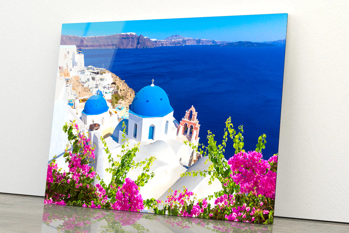 Pink Flowers in Santorini Greece Acrylic Glass Print Tempered Glass Wall Art 100% Made in Australia Ready to Hang