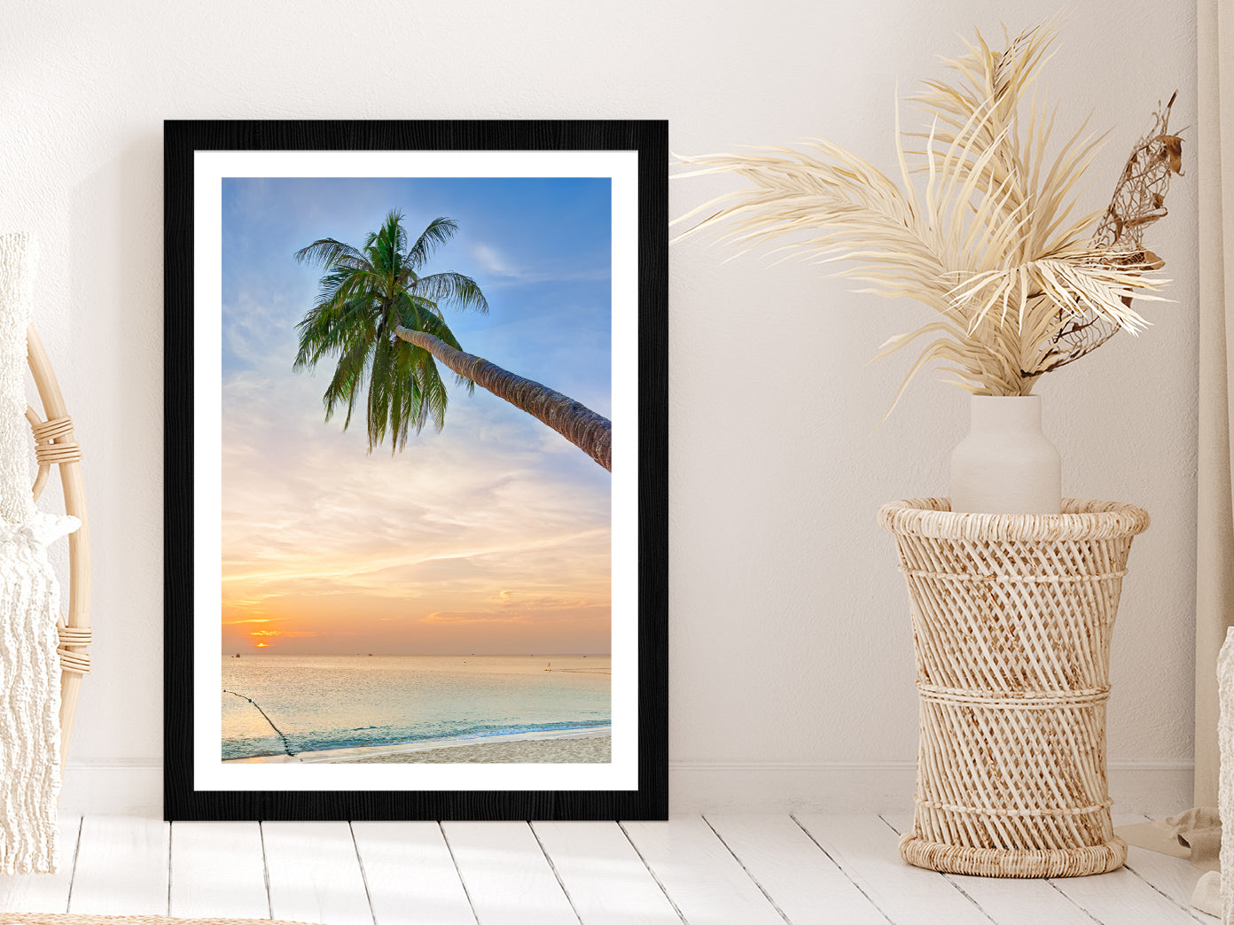 Palm Tree Leaning Over the Ocean at Sunset Photograph Glass Framed Wall Art, Ready to Hang Quality Print With White Border Black