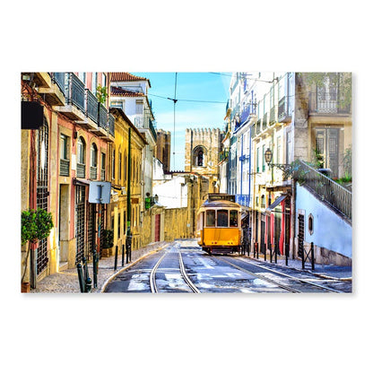 Romantic Lisbon Street with The Typical Yellow Tram and Lisbon Cathedral  Acrylic Glass Print Tempered Glass Wall Art 100% Made in Australia Ready to Hang