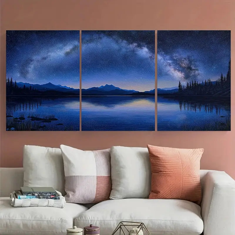 3pcs Starry Night Sky Over Tranquil Lake Metal Print Ready to Hang Art