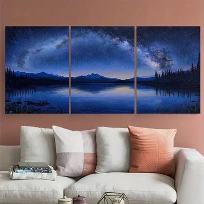 3pcs Starry Night Sky Over Tranquil Lake Metal Print Ready to Hang Art