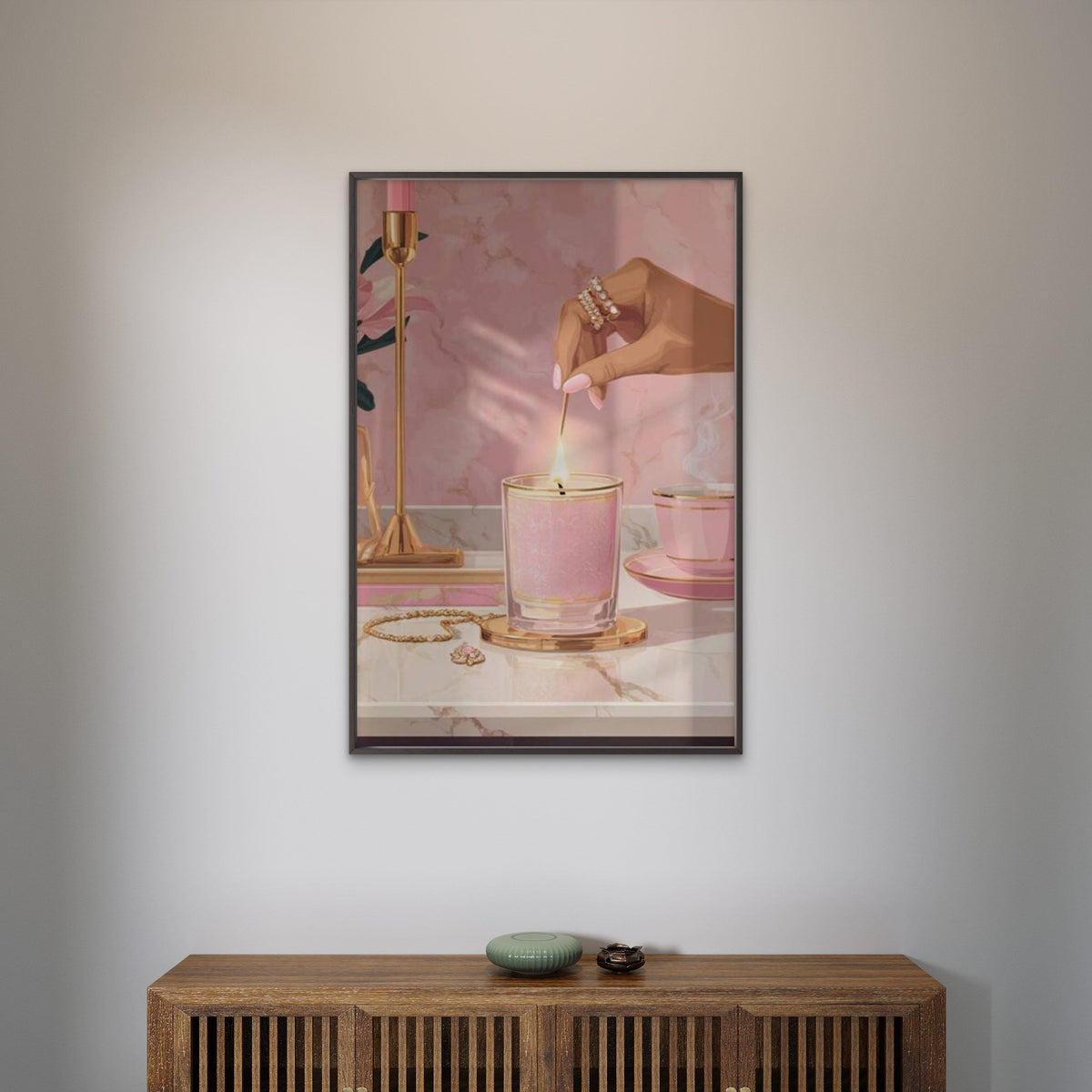 Scented Candle Pink Golden Female Illustration Fashion Home Decor Premium Quality Poster Print Choose Your Sizes