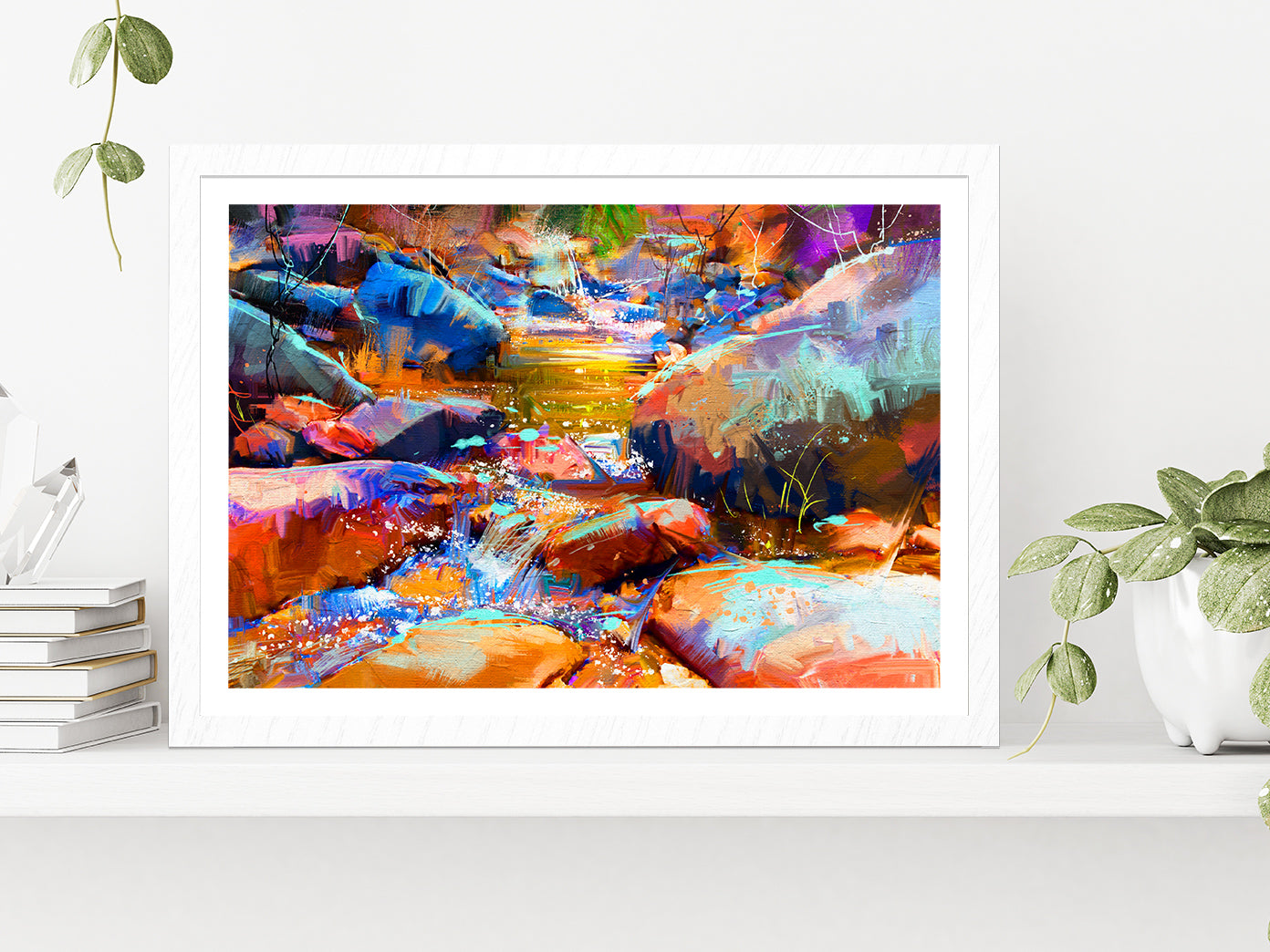 Beautiful Waterfall With Colorful Stones In Autumn Forest Glass Framed Wall Art, Ready to Hang Quality Print With White Border White