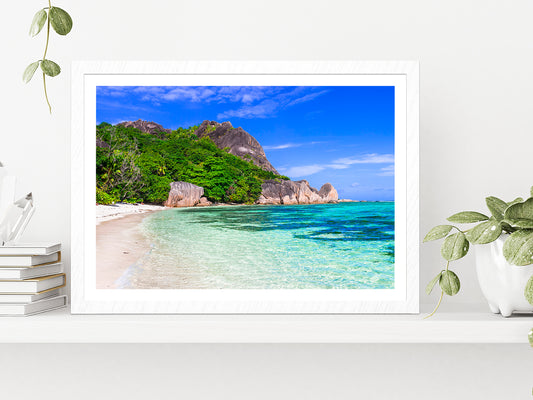 Tropical Beach & Seychelles Glass Framed Wall Art, Ready to Hang Quality Print With White Border White