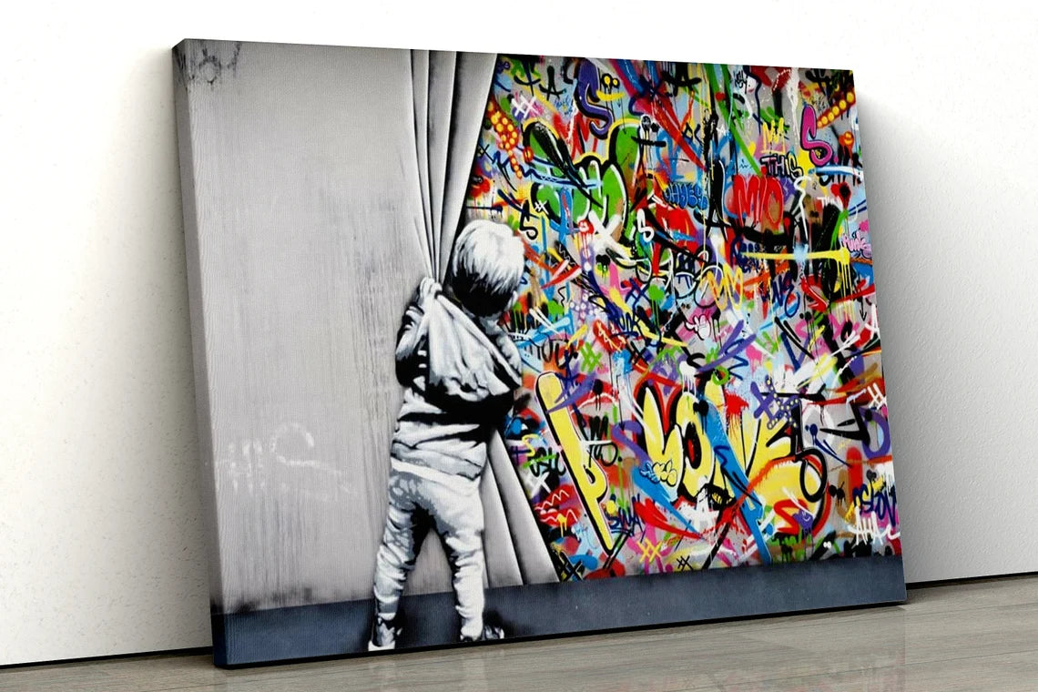 Banksy little boy pulling curtain UV Direct Aluminum Print Australian Made Quality