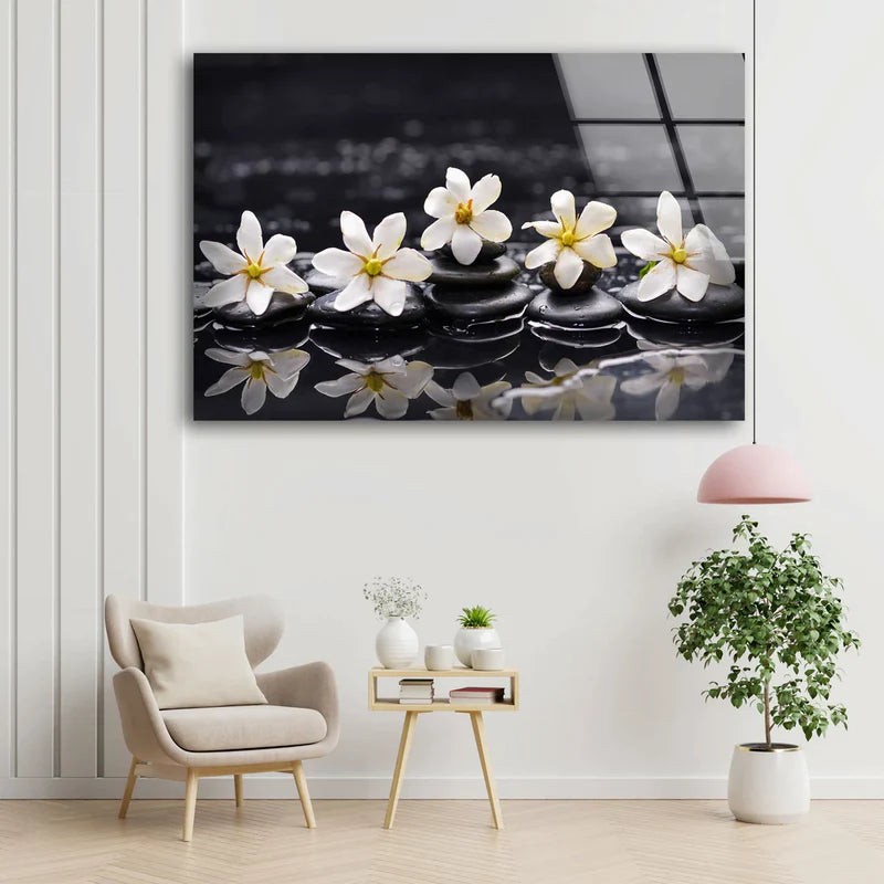 White Flowers & Zen UV Direct Aluminum Print Australian Made Quality