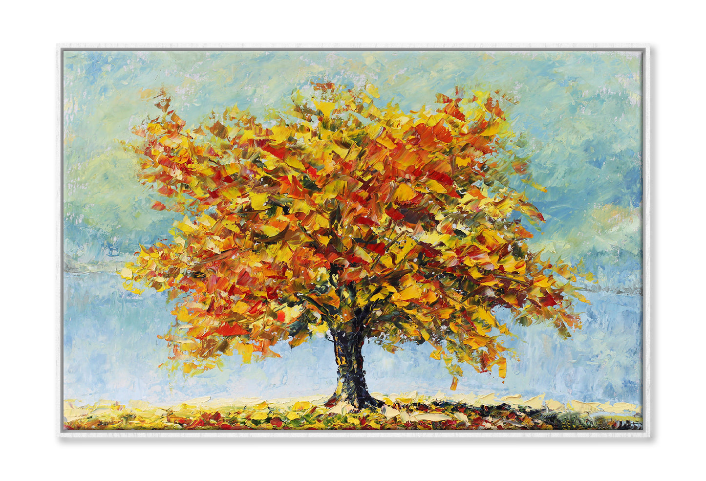 Lonely Autumn Tree with Fallen Leaves Oil Painting Wall Art Limited Edition High Quality Print Canvas Box Framed White