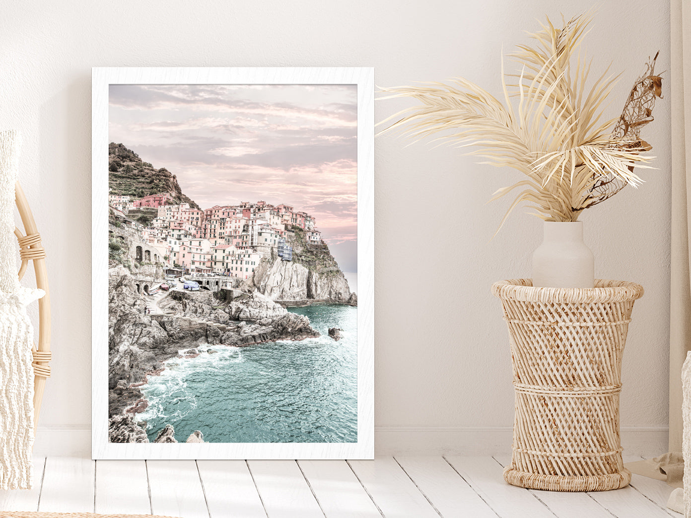 Cinque Terre Faded City & Sea Photograph Glass Framed Wall Art, Ready to Hang Quality Print Without White Border White