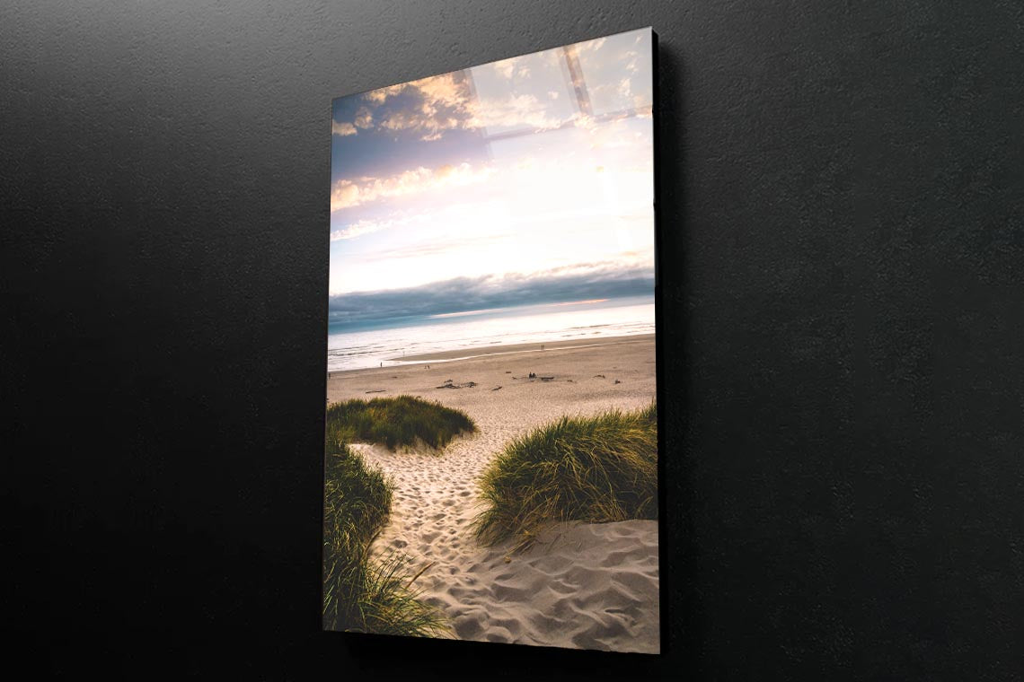 Sandy Trail Leads to The Beach Under Sunset on The Oregon Coas Portrait Photograph Acrylic Glass Print Tempered Glass Wall Art 100% Made in Australia Ready to Hang