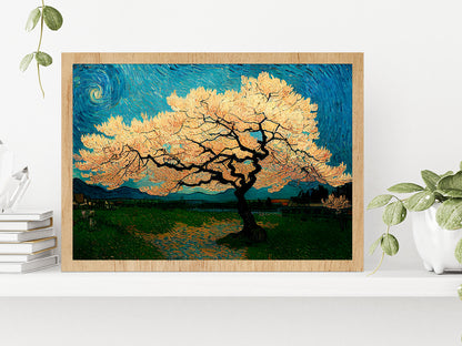 Japanese Cherry Tree In Green Meadow Glass Framed Wall Art, Ready to Hang Quality Print Without White Border Oak