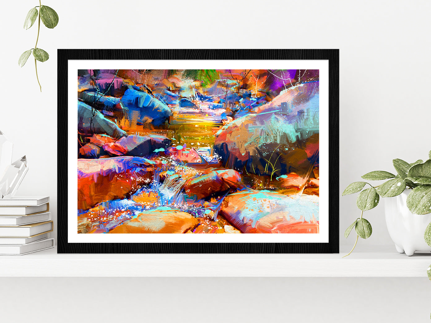 Beautiful Waterfall With Colorful Stones In Autumn Forest Glass Framed Wall Art, Ready to Hang Quality Print With White Border Black