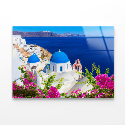 Pink Flowers in Santorini Greece Acrylic Glass Print Tempered Glass Wall Art 100% Made in Australia Ready to Hang