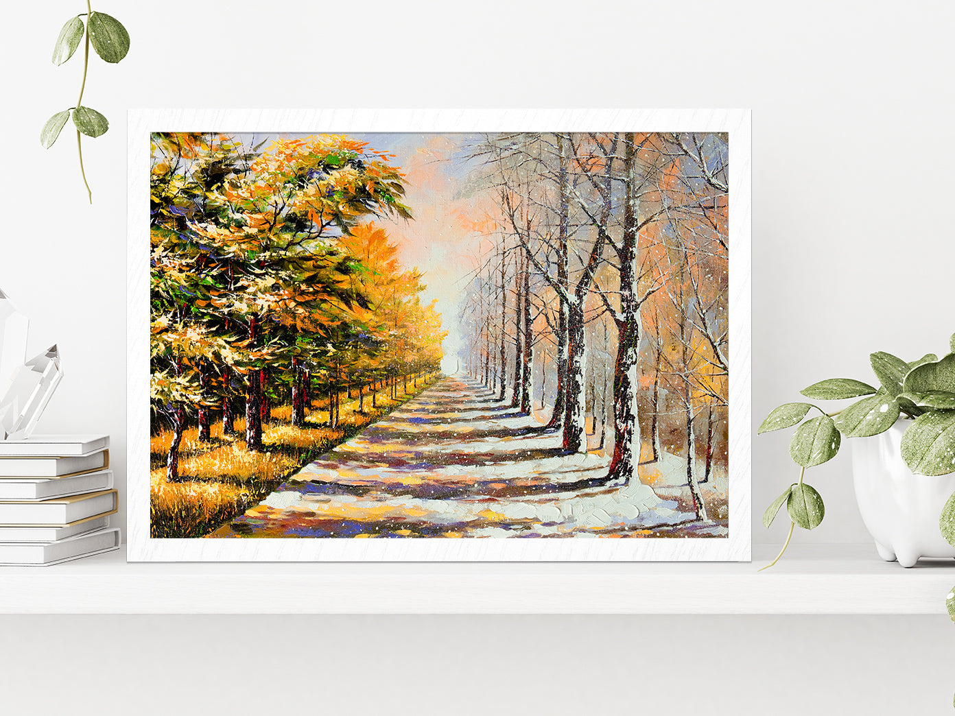 Allegory On Theme Winter Season & Autumn Season Painting Glass Framed Wall Art, Ready to Hang Quality Print Without White Border White