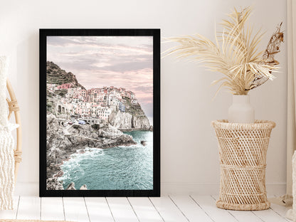 Cinque Terre Faded City & Sea Photograph Glass Framed Wall Art, Ready to Hang Quality Print Without White Border Black