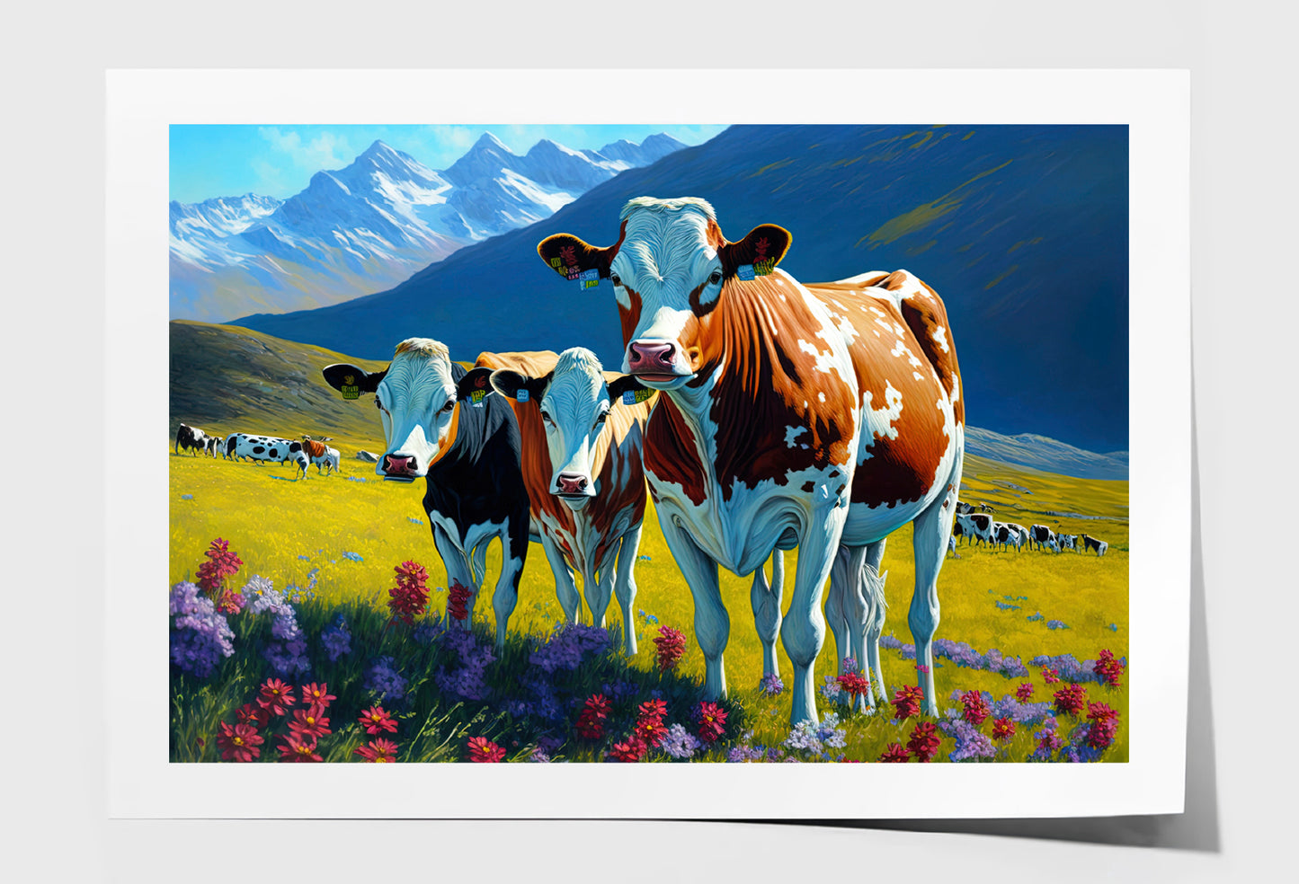 Pleasant Cows & Snow Mountain with Flowers Painting Wall Art Limited Edition High Quality Print Unframed Roll Canvas None