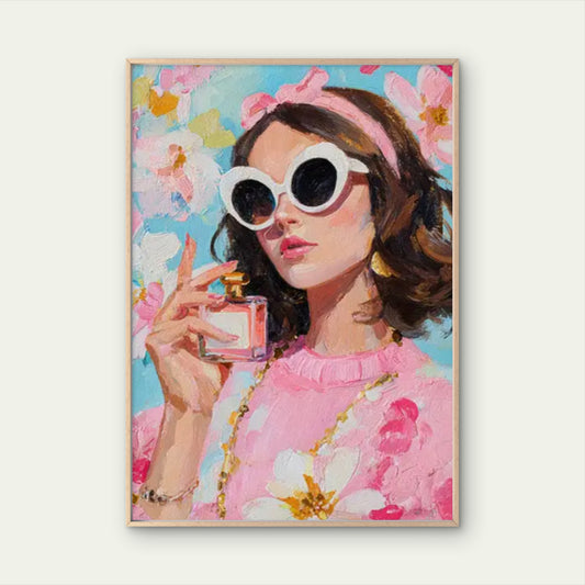 Retro Pink Floral Woman with Vintage Perfume Bottle Fashion Home Decor Premium Quality Poster Print Choose Your Sizes