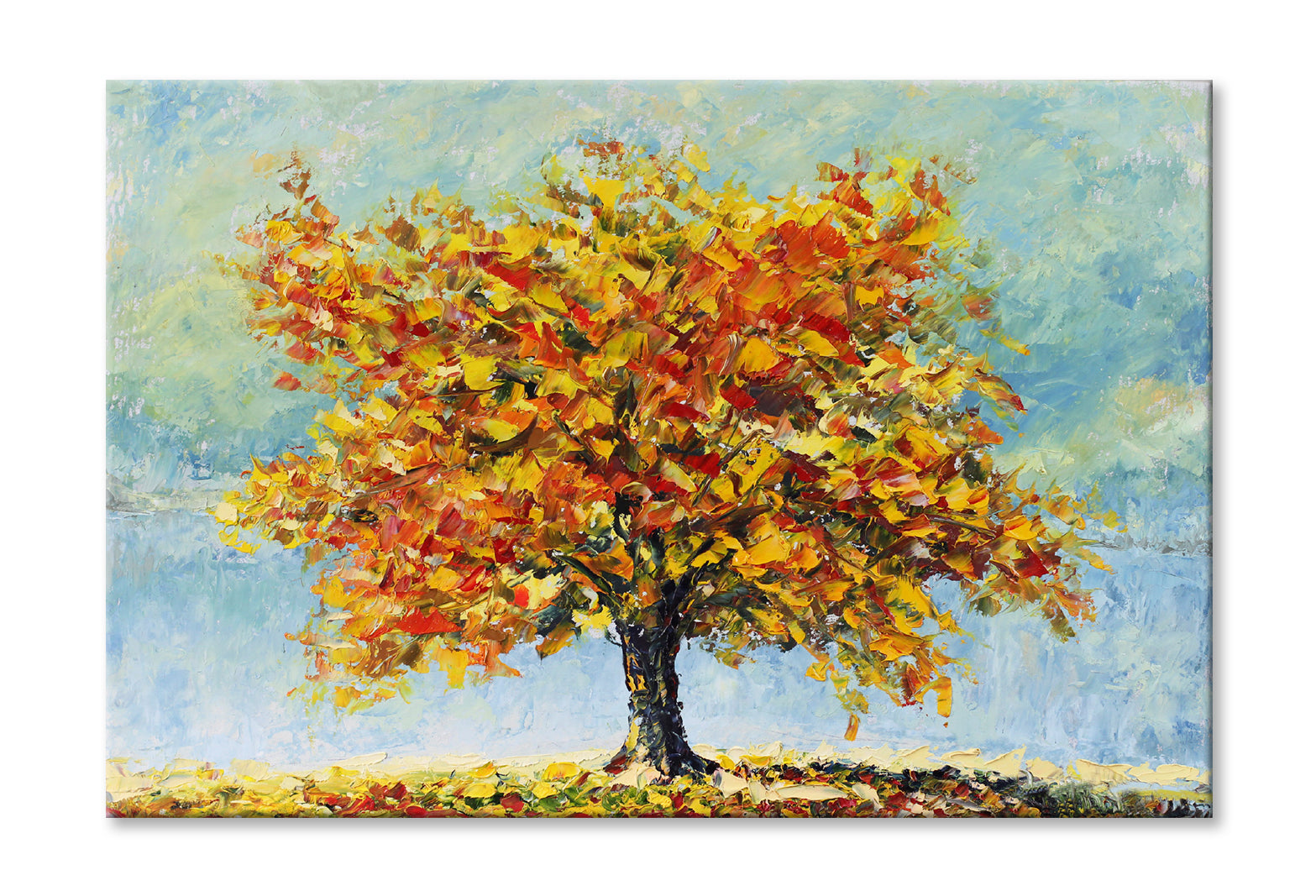 Lonely Autumn Tree with Fallen Leaves Oil Painting Wall Art Limited Edition High Quality Print Stretched Canvas None