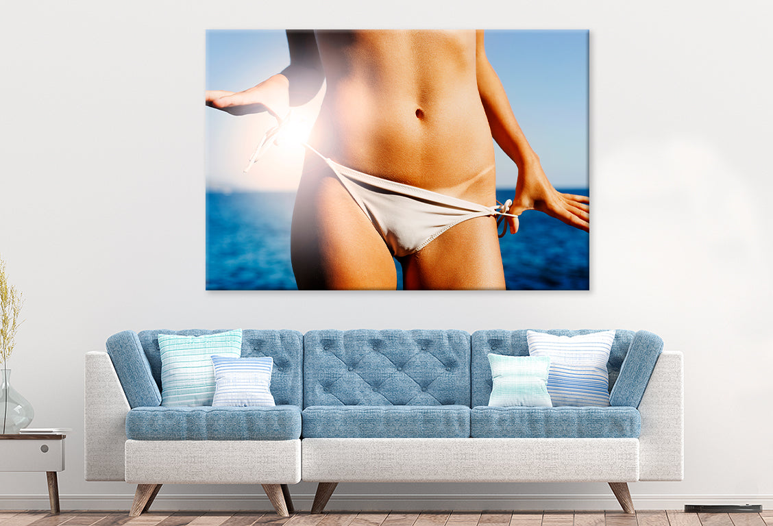 Woman on beach in summer bikini  Wall Art Decor 100% Australian Made