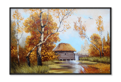 House near Lake & Autumn Trees Oil Painting Wall Art Limited Edition High Quality Print Canvas Box Framed Black