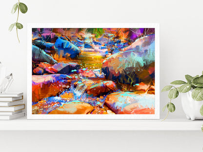 Beautiful Waterfall With Colorful Stones In Autumn Forest Glass Framed Wall Art, Ready to Hang Quality Print Without White Border White