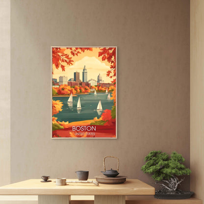 Boston United States Autumn Harbour Cityscape with Sailboats Travel Poster Print Wall Art