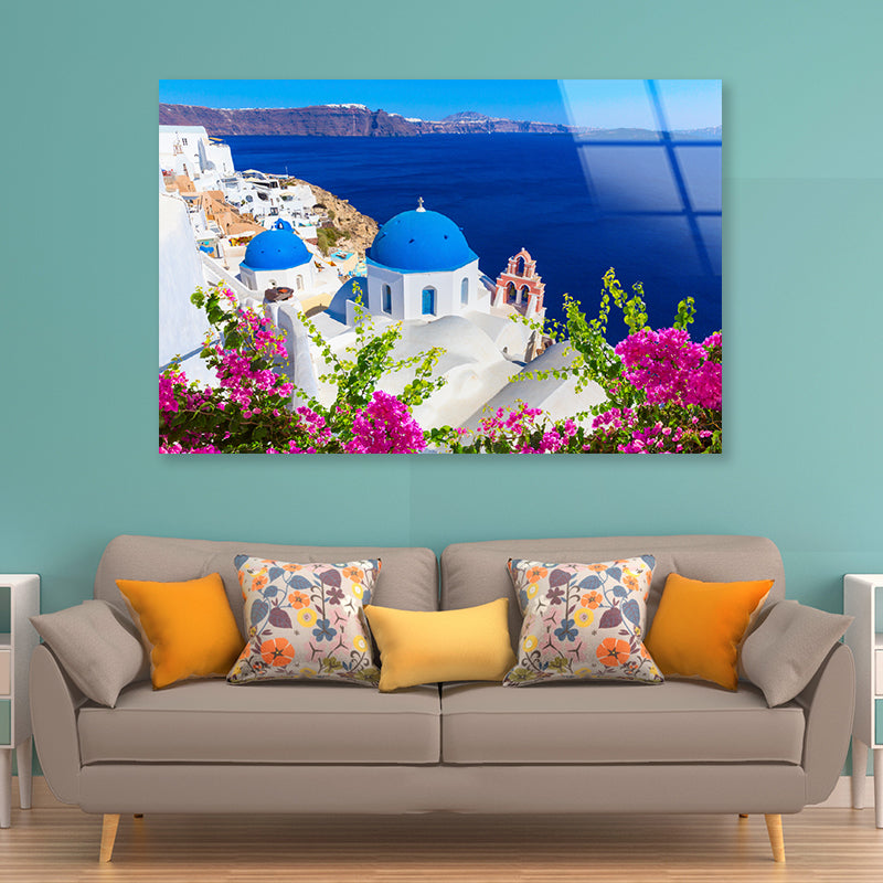 Pink Flowers in Santorini Greece Acrylic Glass Print Tempered Glass Wall Art 100% Made in Australia Ready to Hang